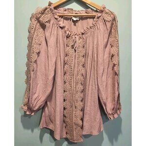 Perch Blu Pepper Blush Relaxed Fit Long Puff Sleeve Eyelet Detail Top Sz 1X